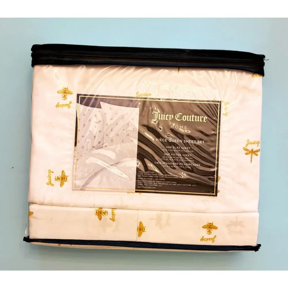 NIP Juicy Couture Home Queen Sheet Set Gold Bee Logo Ivory 4 Piece